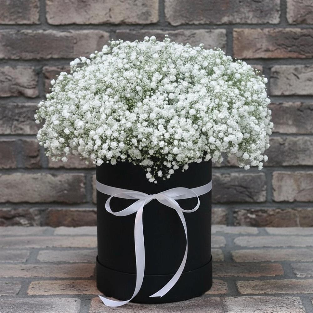 Цветочная композиция из Гипсофила в шляпной коробке в Алексеевка Алексеевский район